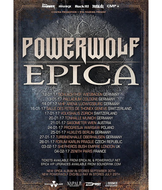 Epica - to join forces with Powerwolf for a European co-headline tour 2017!