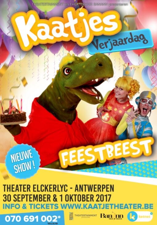 Ketnet-heldin Kaatje en haar vrienden staan op de vlaamse theaterpodia met Kaatjes Verjaardag FEESTBEEST