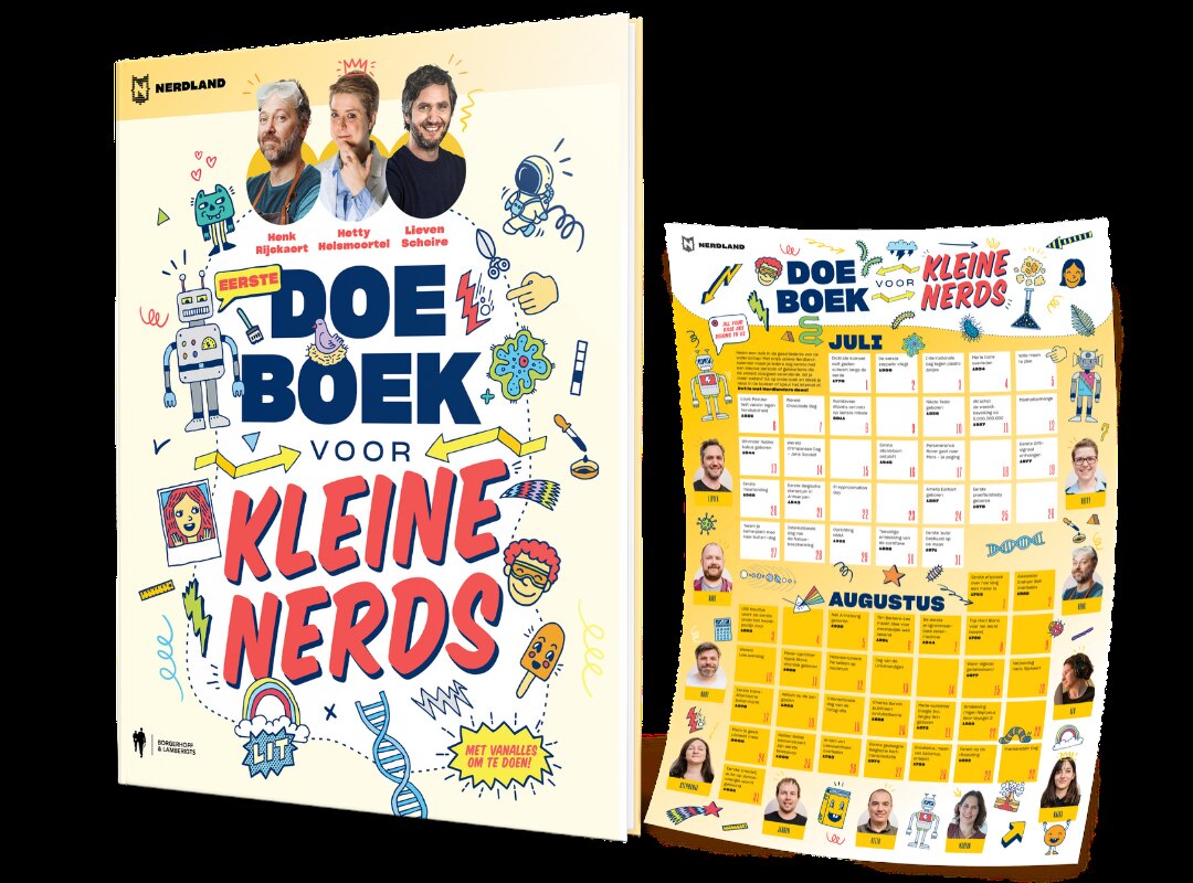 Lieven Scheire, Henk Rijckaert en Hetty Helsmoortel presenteren het Nerdland Doeboek voor Kleine Nerds