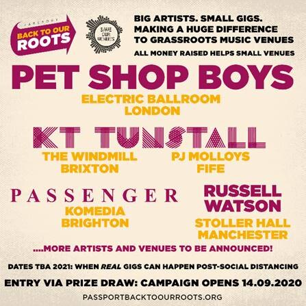 Pet Shop Boys, KT Tunstall, Russell Watson and Passenger to play gigs to save grassroots music venues