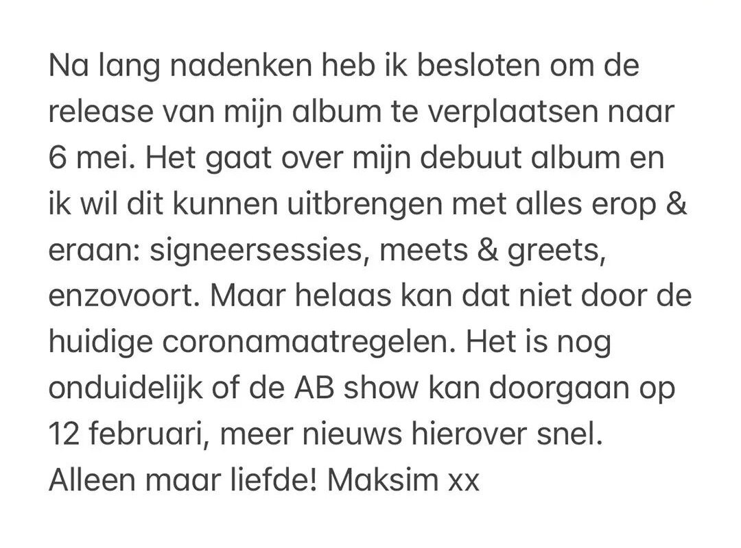 Maksim stelt debuutalbum uit naar 6 mei