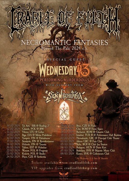 Cradle of Filth Announces 2024 Necromantic Fantasies EU Tour, Beginning February 10. With Special Guest WEDNESDAY13 Performing Murderdolls.....!!!
