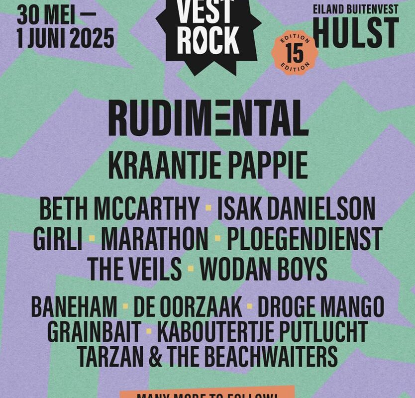 Vestrock voegt vijftien acts aan programma toe o.a. Rudim3ntal, Kraantje Pappie, Beth McCarthy, Isak Danielson, Girli, Marathon, Ploegendienst, The Veils, Wodan Boys