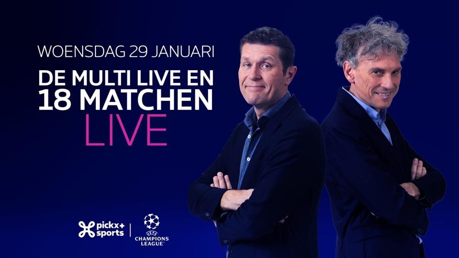 Pickx+ Sports zendt exclusief alle 18 wedstrijden van de Champions League op 29/1 tegelijkertijd uit