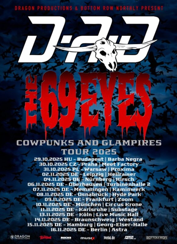 Danish hard rock icons D-A-D have teamed up with Finland's dark rockers THE 69 EYES for the "COWPUNKS AND GLAMPIRES TOUR 2025"! 