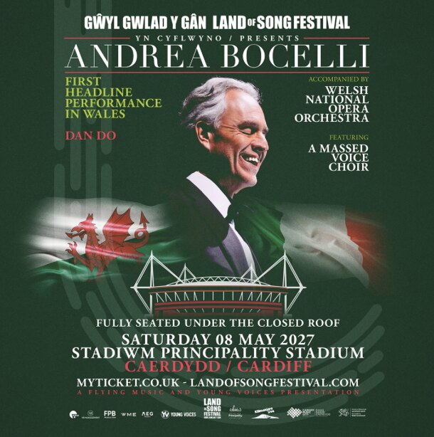 Andrea Bocelli announces his first ever headline show in Wales - 8 May 2027