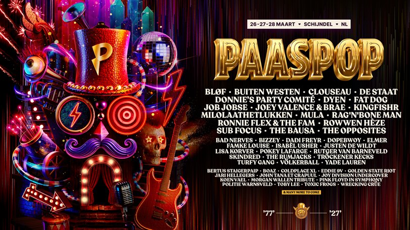 Paaspop viert vijftigjarig jubileum: eerste 50 namen bekend waaronder Rag'n'Bone Man, The Opposites, Ronnie Flex & The Fam, Clouseau, BLØF, Rowwen Hèze, Job Jobse, Kingfishr, Sub Focus; feestelijke L...