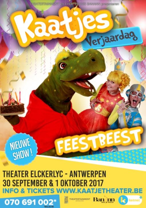 Ketnet-heldin Kaatje en haar vrienden staan op de vlaamse theaterpodia met Kaatjes Verjaardag FEESTBEEST