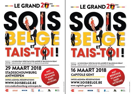 Vlaamse acteurs Guga Baúl, Walter Baele en Chris van Espen op het podium met Franstalige collega’s