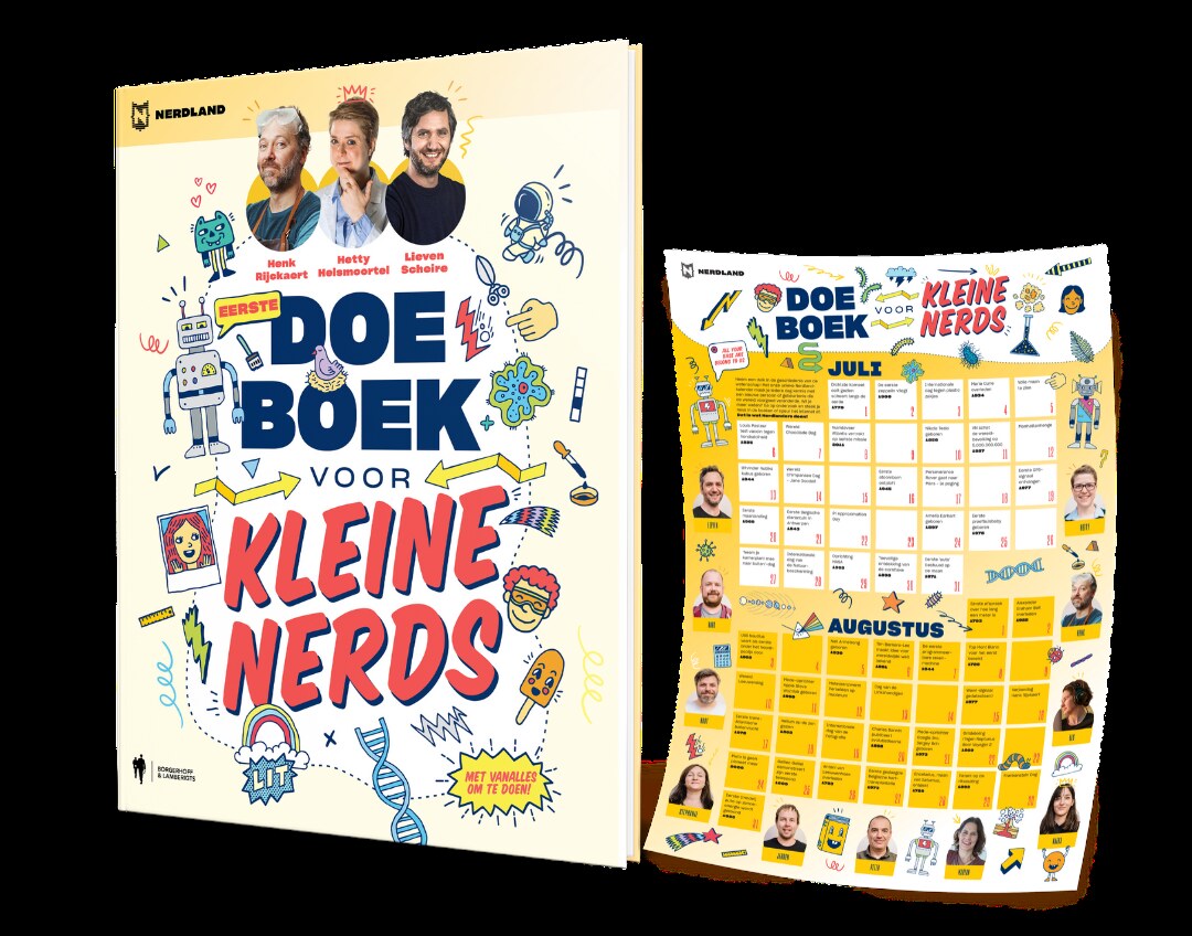 Lieven Scheire, Henk Rijckaert en Hetty Helsmoortel presenteren het Nerdland Doeboek voor Kleine Nerds