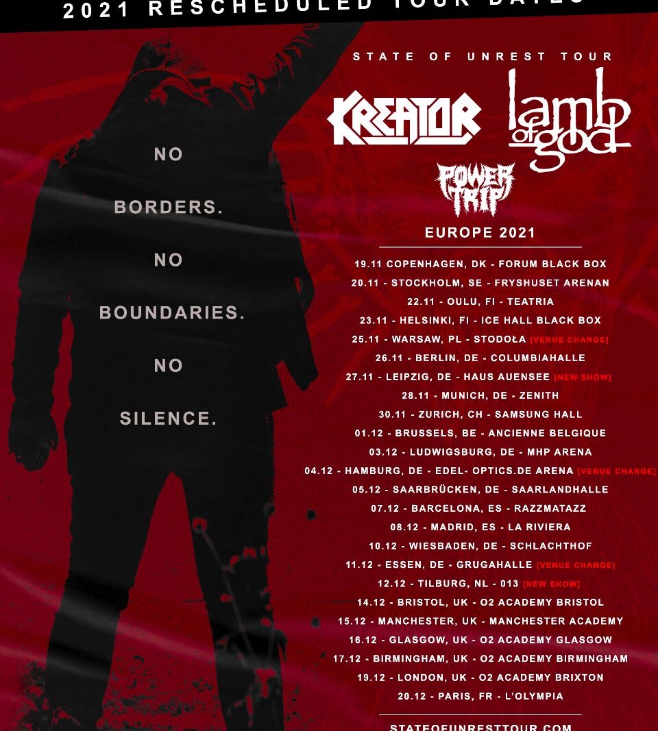 Kreator + Lamb of God announce rescheduled "State of Unrest Tour 2021"