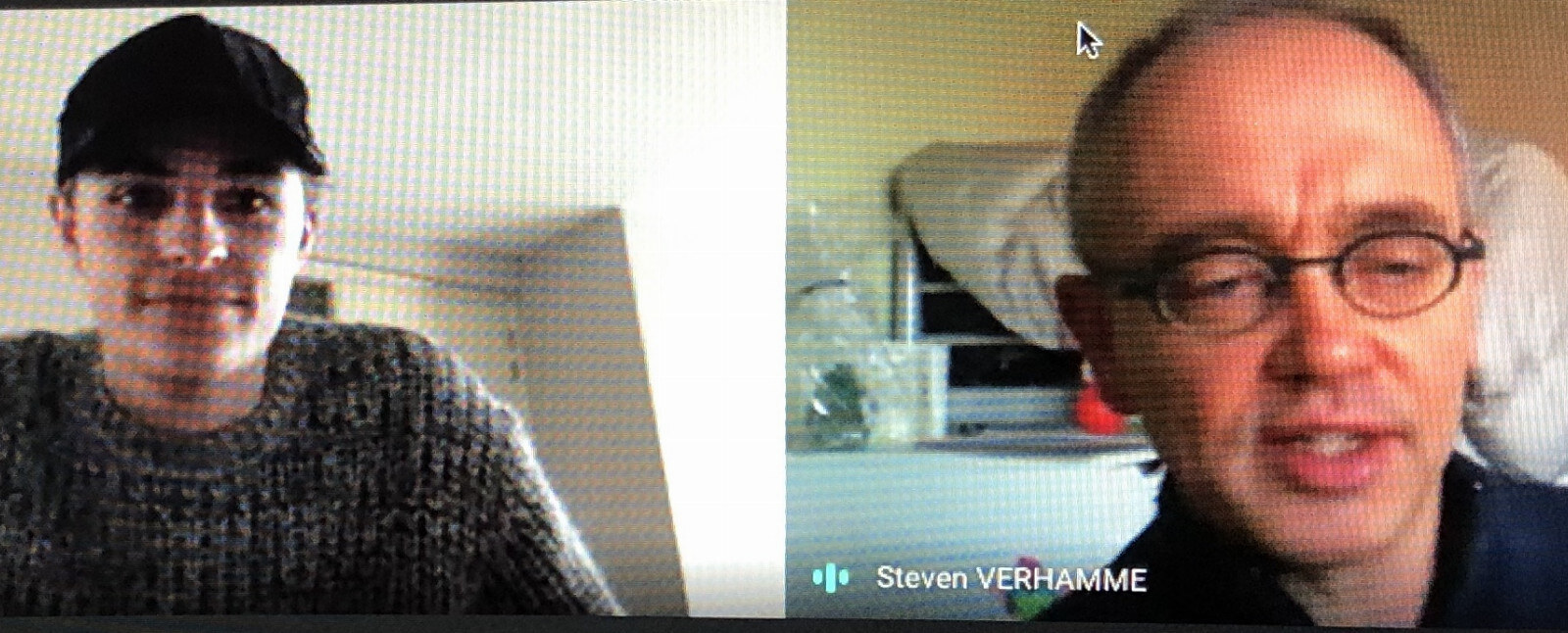 Kortrijkse leerkracht boeit de studenten tijdens Google Meet-sessies met o.a. Wim De Vilder, Hannes Coudenys, Daniël Busser, Giovanni Kemper. 