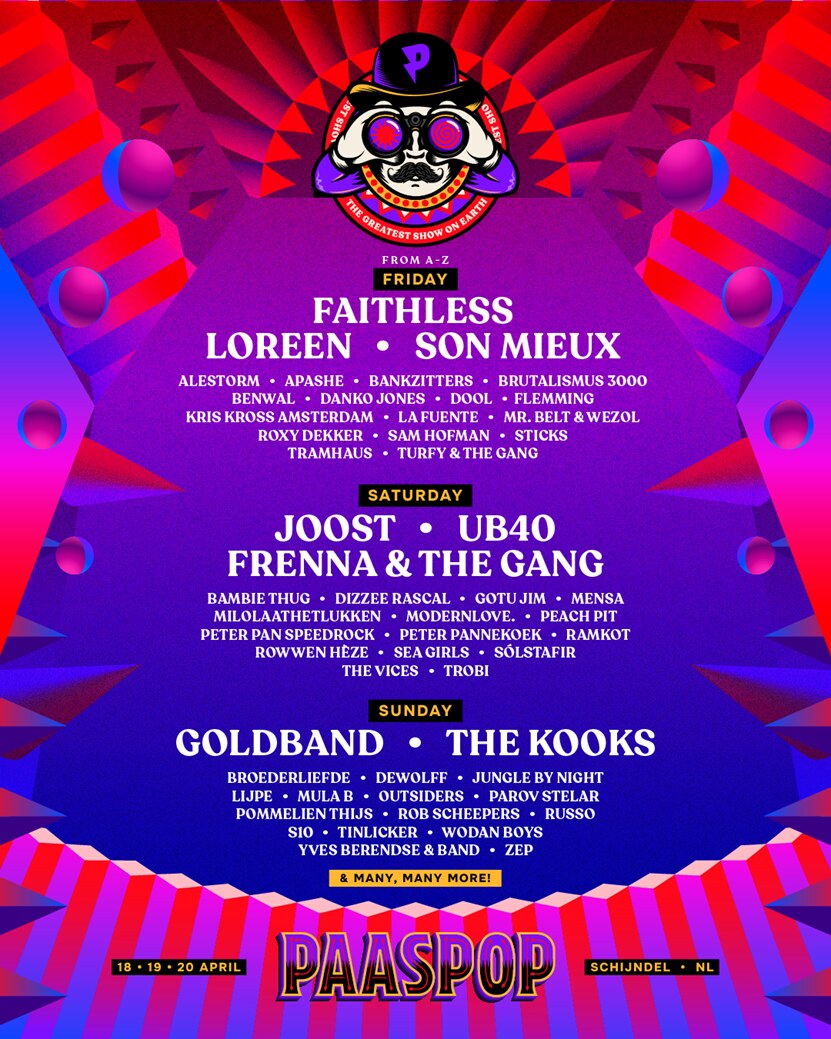 Eerste 70 namen voor Paaspop 2025 o.a. Faithless, Frenna & The Gang, Goldband, Joost, Loreen, Son Mieux, The Kooks, UB40