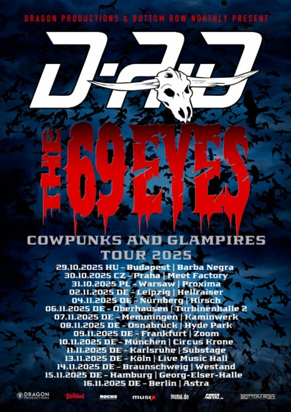 Danish hard rock icons D-A-D have teamed up with Finland's dark rockers THE 69 EYES for the "COWPUNKS AND GLAMPIRES TOUR 2025"! 