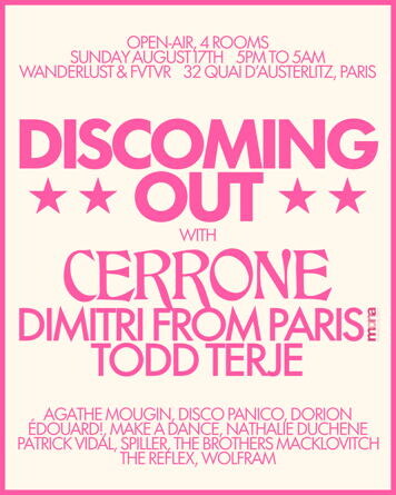 Discoming Out announces August 17th event with Cerrone, Dimitri From Paris, Todd Terje  & more