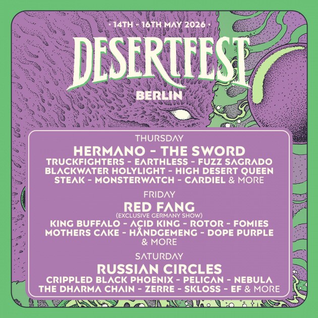 Desertfest Berlin reveals new wave of bands for 2026 adding RED FANG, HÅNDGEMENG, ROTOR & more; Day Splits now available!