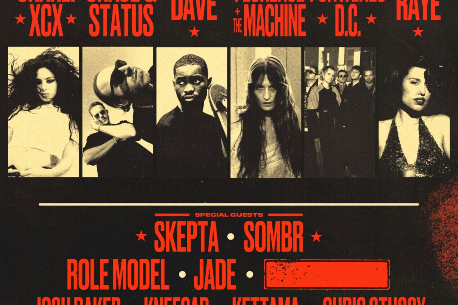 Reading and Leeds Festival 2026 six huge headliners: Charli xcx, Dave, Raye, Fontaines D.C., Florence + The Machine and Chase & Status.