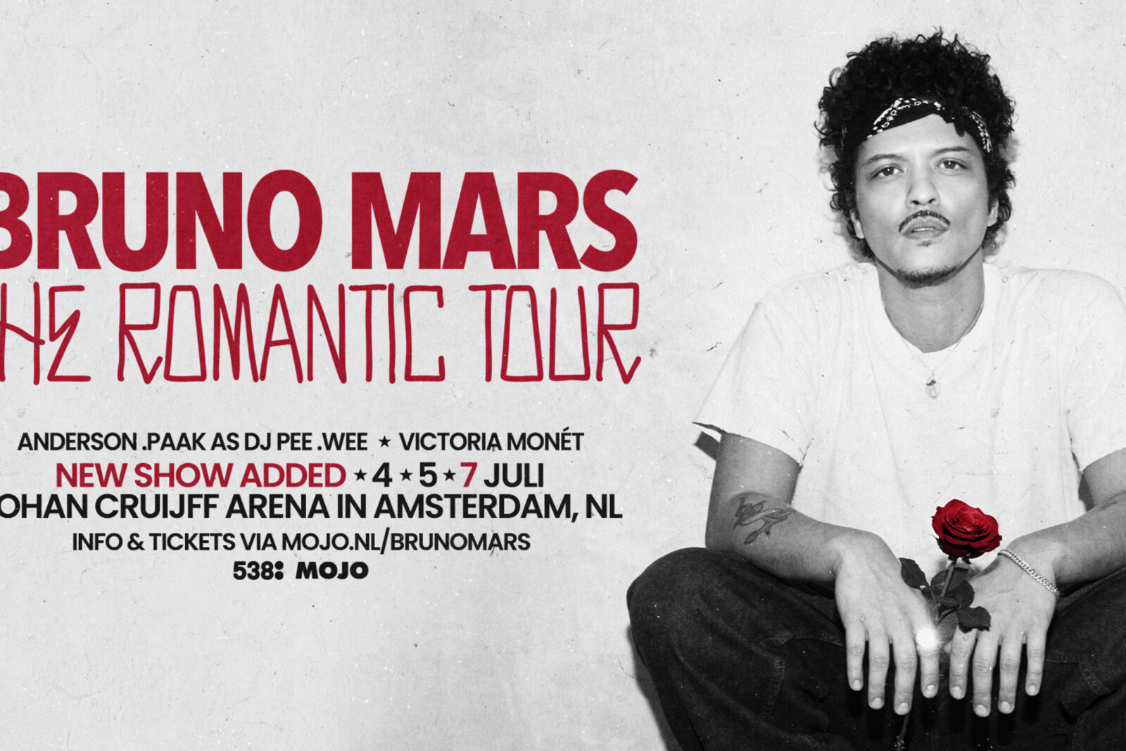 Bruno Mars voor extra shows naar Johan Cruijff ArenA op donderdag 2 en dinsdag 7 juli tijdens 'The Romantic Tour'