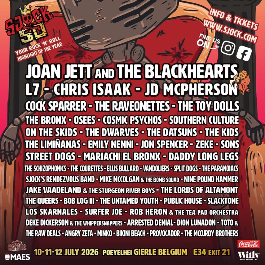 Affiche jubileumeditie Sjock #50 nu volledig met toevoeging van JD Mc Pherson, The Kids, Cosmic Psychos, The Schizophonics en The Queers